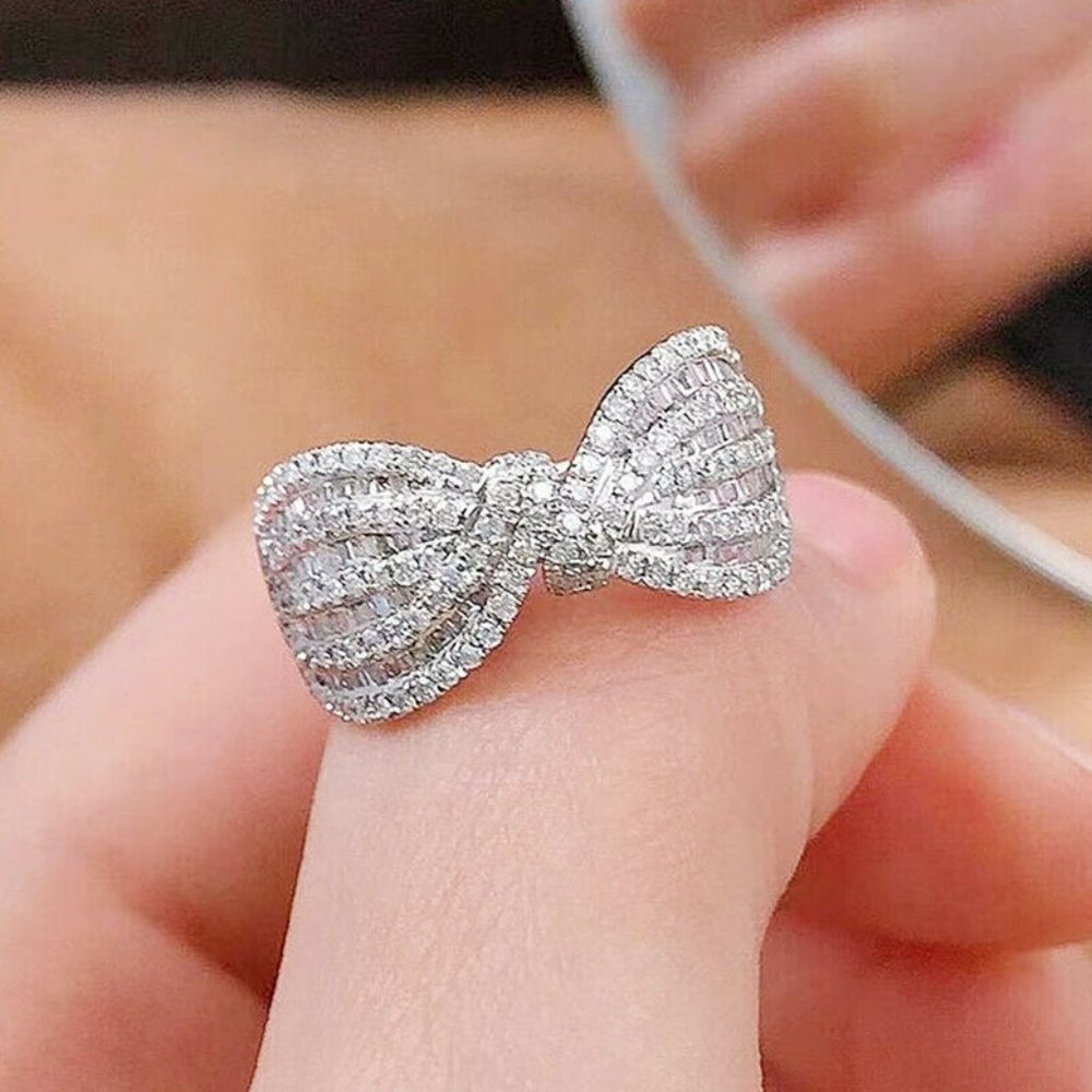 925 Sterling Silver Diamond Knot Twist Ring Elegant Wedding Party Statement Ring